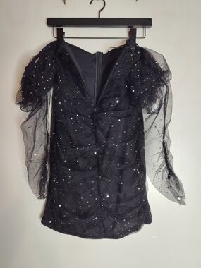 Black Sheer Puff-Sleeve Sequin Blouse